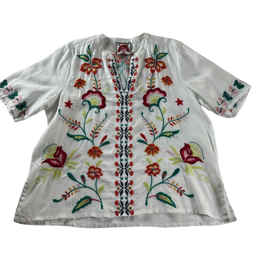 Johnny Was Collection White Linen Embroidered Floral Boho Tunic Blouse XL